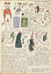 Uniformes militares en la época de la República Cisalpina de 1801. Lámina en color de Cenni Quinto de Quinto Cenni