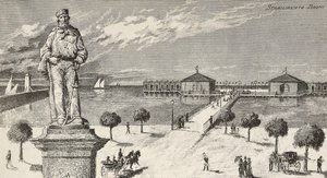 Monumento en memoria de Giuseppe Garibaldi (1807-1882), político y patriota italiano, y establecimiento de baños en el fondo, Cesenatico, Italia