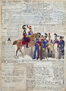 Oficiales y cadetes a pie y a caballo, uniformes de los Estados Pontificios