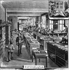 Oficinas de los hermanos Treves, tipografía y superposición, Milán, Italia, ilustración de Quinto Cenni de L