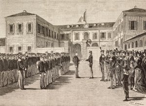El Príncipe Vittorio Emanuele (1870-1946), Conde de Turín, otorga grados a los cadetes de la academia militar de Milán, Italia, 14 de marzo de Quinto Cenni
