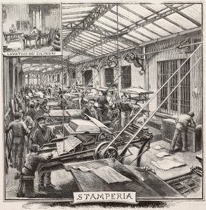 Imprenta en la editorial Fratelli Treves, Milán, Italia, grabado de un dibujo de Quinto Cenni, de L