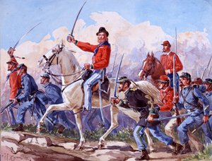 Risorgimento: las tropas de Giuseppe Garibaldi (1807-1882) marchando hacia Roma. Acuarela de Quinto Cenni 1892.