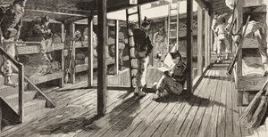 Soldados bajo cubierta en el dormitorio, barco Principe Amedeo, expedición italiana en el Mar Rojo, Italia, grabado de un dibujo de Quinto Cenni y un boceto de M Dal Don, de L