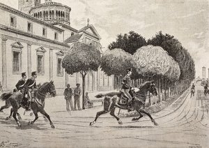 Soldados a caballo pasando frente al Santuario Beata Vergine dei Miracoli, Saronno, Italia, grabado de un dibujo de Quinto Cenni, de L