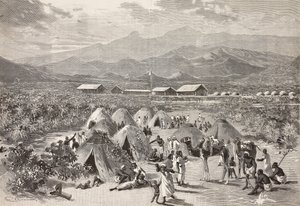 Tiendas del campamento de refugiados de Zula, Arafali, Eritrea, grabado por Cantagalli de un dibujo de Quinto Cenni y un boceto de Pieragostini, de L