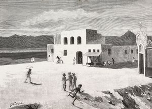 Edificio de la Oficina de Correos Italiana, Massawa, Eritrea, grabado de un dibujo de Quinto Cenni y un boceto de Pieragostini, de L