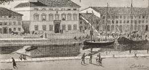 El ayuntamiento y el canal del puerto, Cesenatico, Italia, grabado de un dibujo de Quinto Cenni y un boceto de Ulisse Topi, de L