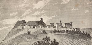 La ciudad de San Giovanni en Galilea, Italia, grabado de un dibujo de Quinto Cenni y un boceto de Ulisse Topi, de L