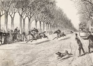 Tres oficiales de resistencia participando en una carrera de caballos, Tercer regimiento de Saboya, entre Milán y Monza, Italia, grabado de un dibujo de Quinto Cena, de L