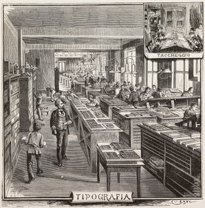 Tipografía en la editorial Fratelli Treves, Milán, Italia, grabado del dibujo de Quinto Cenni, de L