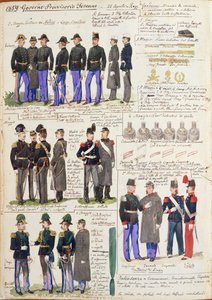Uniformes y distintivos del gobierno provisional de Toscana por Quinto Cenni, lámina en color