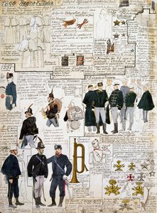 Uniformes del Reino de Italia entre 1896 - 1897, lámina del Códice Cenni, colección de bocetos militares en acuarela de Quinto Cenni