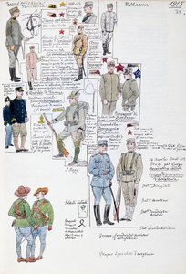 Uniformes del Reino de Italia en 1915, lámina del Códice Cenni, colección de bocetos militares en acuarela de Quinto Cenni