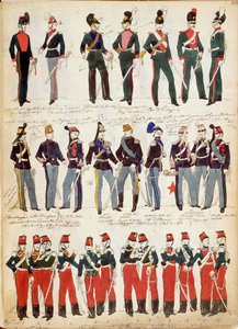 Varios uniformes italianos en uso común alrededor de 1860 por Quinto Cenni, placa en color
