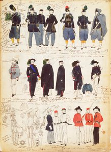 Varios uniformes italianos en uso común entre 1847 y 1870 por Quinto Cenni, placa en color de Quinto Cenni