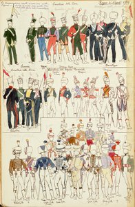 Varios uniformes del Reino de Nápoles de 1814. Lámina en color por Quinto Cenni de Quinto Cenni
