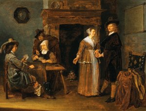 Alemán: "Lockere Gesellschaft", dos mujeres y tres hombres en la mesa de juego Interior con jugadores de cartas de Quirijn van Brekelenkam