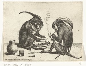 Dos monos fumando pipa Varias empresas de la vida humana presentadas por simios (título de la serie) el juego del mono en el mundo (título de la serie)