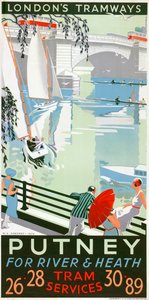 Putney, para Río y Prado, cartel de Tranvías del Consejo del Condado de Londres, 1932