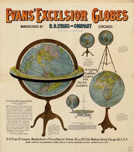 El cartel publicitario de los globos terráqueos tiene representaciones de 5 globos terráqueos y algún texto descriptivo de R. O. Evans And Company
