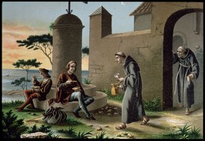 La llegada de Cristóbal Colón (1451-1506) con su hijo al monasterio de la Rábida, de El descubrimiento de América, publicado en Barcelona en 1878 (litografía en color) de R. Puiggari