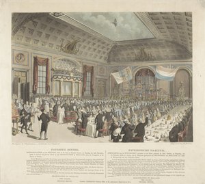 Comida patriótica en Londres, 1813 Cena Patriótica. Representación de la Asamblea celebrada en la Taberna de la Ciudad de Londres, el martes 14 de diciembre de 1813 (...) / Patriotische Mealtyd. Imagen del Encuentro realizado en el Hotel denominado la Ciud de R. Reeves