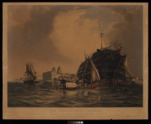 El Dreadnought 104 cañones, buque hospital para los marinos de todas las naciones, amarrado en el Támesis frente a Greenwich, 20 de junio de 1831.