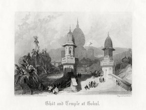 Ghat y Templo en Gokul, India, c. 1838