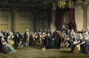 Benjamin Franklin (1706-1790), filósofo, físico y estadista estadounidense ante los Lores del Consejo Privado, Capilla de Whitehall, Londres. de R. Whitechurch