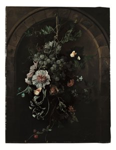 Un enjambre de uvas, malvarrosas, lirios, malvas, caléndulas africanas, clemátides, un castaño de indias y moras con mariposas y otros insectos suspendidos ante un arco de piedra. de Rachel Ruysch