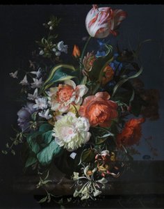 Flores en un jarrón de cristal con un tulipán de Rachel Ruysch