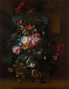 Rosas, convolvulus, amapolas y otras flores en una urna sobre un borde de piedra de Rachel Ruysch