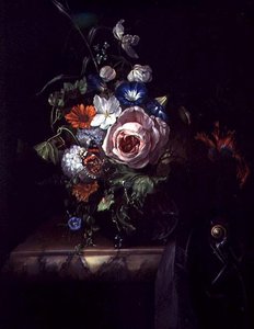 Rosas y otras flores en un cuenco de vidrio de Rachel Ruysch
