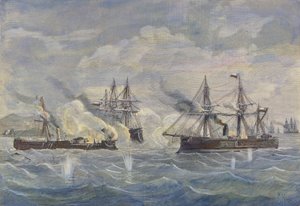 Combate naval entre el buque peruano "Huascar" contra el chileno "Blanco Encalada" y el "Cochrane" en 1879 de Rafael Monleon y Torres