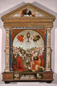 Retablo de la Adoración del Santísimo Sacramento, en la predela: La Última Cena, San Sebastián y San Roque de Raffaele De (fl.1514 1573) Pancalino