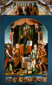 San Blas entronizado entre los santos Pedro, Pablo, Catalina de Alejandría y Cristóbal, retablo central de Raffaele De (fl.1514 1573) Pancalino