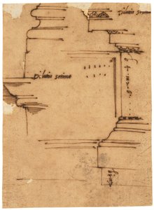 Boceto del entablamento principal del Arco de Septimio Severo, Roma (pluma y tinta marrón, sobre papel vegetal al óleo)