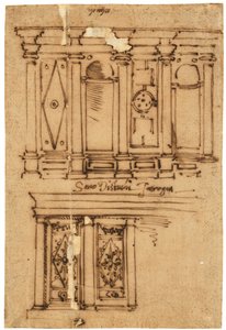 Diseño para una decoración mural (bolígrafo y tinta marrón, sobre papel vegetal aceitado) de Raffaello da Montelupo