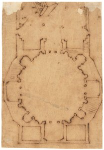 Planta de una iglesia (pluma y tinta marrón, sobre papel vegetal aceitado) de Raffaello da Montelupo