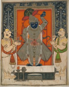 Sacerdotes adorando a Krishna como Shrinathji para el festival de la Montaña de Comida [Annakuta utsava]; colgante de santuario [pichhavai] de Rajasthan Kota school
