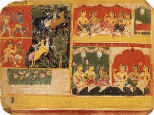 Una ilustración del "Bhagvata Purana", Libro X, Capítulo 21, c.1525 de Rajput School