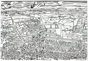 Detalle de Londres al norte de la ciudad de Civitas Londinium (xilografía) de Ralph Agas
