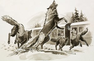 Pasajeros de un tren nevado luchan contra lobos hambrientos (gouache sobre papel)