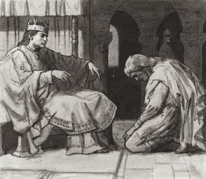 Walteof, conde de Northumbria ante el rey Guillermo I (gouache sobre papel) de Ralph Bruce