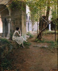 Joven mujer meditando en un claustro de Ramon Casas i Carbo