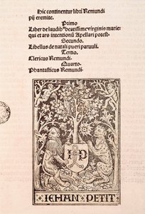 Página del códice "De Laudibus Beatissimae Virginis Mariae" de Ramon Llull (1235-1315), representando dos leones sosteniendo el escudo de armas del impresor Jehan Petit