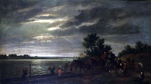 Un carruaje y caballos entrando en un ferry en el río Leck en Holanda por la noche