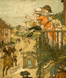 John Gilpin galopa más allá del Bell Inn mientras su esposa e hijos saludan desde el balcón, 1878, c1918