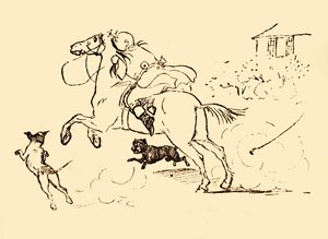 John Gilpin es perseguido por perros mientras su caballo galopa fuera de control, 1878, c1918 de Randolph Caldecott